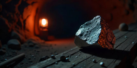 A large, shimmering rock is positioned on a wooden board in a dimly lit cave. A lantern casts a warm glow, highlighting the textures of the rock and surrounding stones.の素材