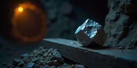 A shiny metal nugget sits on a wooden plank surrounded by gravel in a dim underground mine. Soft light glimmers from the tunnel in the background, adding depth to the scene.の素材