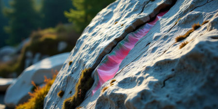 A striking rock formation displays a vibrant pink streak along its surface, surrounded by lush greenery and smooth pebbles, capturing the beauty of nature in a tranquil environment.の素材