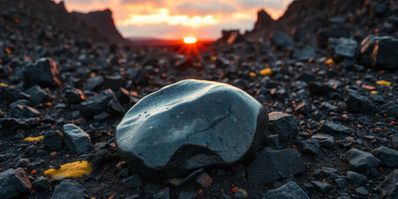 A stunning sunset casts warm light over a rocky terrain, highlighting a single stone in the foreground while mountains frame the horizon. The atmosphere is tranquil and captivating.の素材