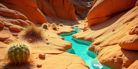A vibrant desert landscape showcases a winding turquoise stream nestled between striking orange rock formations. Cactus plants dot the sandy terrain under bright sunlight.の素材