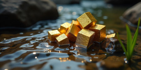 Shimmering gold bars are nestled in a clear stream, their surfaces glinting in the sunlight. Surrounding stones and small green plants enhance the serene atmosphere of the water.の素材