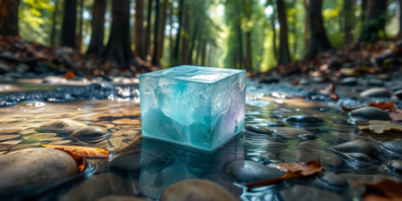 An ice cube floats peacefully in a clear stream, surrounded by smooth pebbles and fallen leaves. Tall trees form a lush canopy overhead, enhancing the tranquil atmosphere.の素材