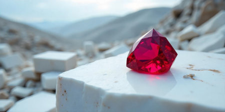 A striking ruby gemstone sits atop a marble surface in a rocky mountainous area. The cloudy sky adds a dramatic backdrop to the vibrant color of the gemstone.の素材