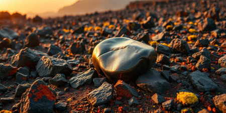 A rocky landscape showcases various stones adorned with vivid hues under a captivating sunset. The terrain reveals texture and beauty in a tranquil natural setting.の素材