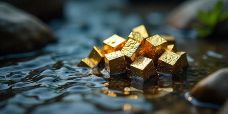 Gleaming golden cubes are arranged on the calm surface of a stream, surrounded by stones and the soft movement of water creating gentle ripples as sunlight scatters.の素材