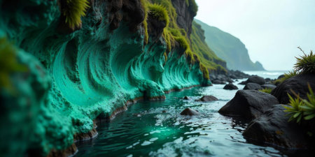 Turquoise waves break gently against a lush, mossy shoreline, with dark rocks framing a serene coastal scene under a twilight sky. Nature exhibits vibrant colors and textures.の素材