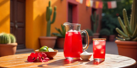 A pitcher and glass of bright red drink are placed on a wooden table surrounded by colorful walls, cacti, and decorative banners. Limes and sugar sit nearby, enhancing the scene.の素材