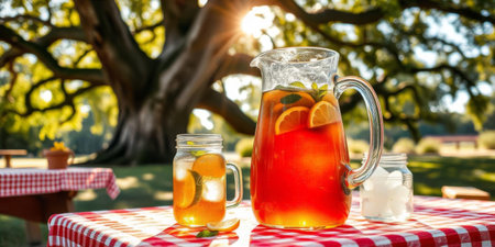 A vibrant pitcher of iced tea with citrus slices sits on a checkered tablecloth. Glasses next to it showcase cool beverages, all set in a sunny picnic area beneath a sprawling tree.の素材