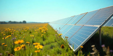 Solar panels align in a field, basking in sunlight and bordered by colorful wildflowers swaying gently in the breeze under a clear blue sky.の素材