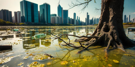 A tree grows at the edge of a polluted water body in a bustling urban area. Skyscrapers rise in the background, highlightingenvironmental concerns and urbanization.の素材