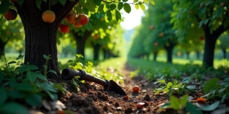 A vibrant orchard filled with apple trees displays ripe fruit hanging from branches. A shovel lies in the rich soil, indicating preparation for an upcoming harvest under bright sunlight.の素材