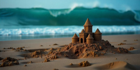 Children gather near the shoreline, constructing intricate sandcastles as waves crash in the background. The sun sets, casting a warm glow on the beach.の素材