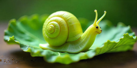 A bright green snail crawls slowly across a vibrant green leaf, surrounded by a lush background. The snail's smooth shell and soft body create a harmonious visual with nature.の素材