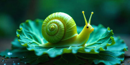 A vibrant green snail is moving gently atop a large, fresh leaf in a tranquil garden. The soft colors and blurred background enhance the peaceful atmosphere of nature.の素材
