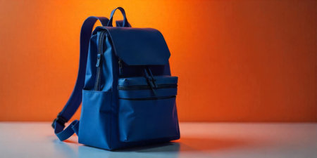 A blue backpack is positioned on a clean white surface, with an orange wall behind it. The vibrant colors highlight the bag's design and features, showcasing its practicality.の素材