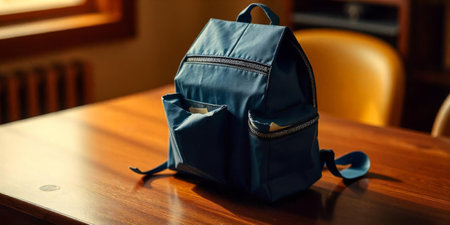 A blue backpack with multiple pockets sits on a polished wooden table inside a warm room. Sunlight filters through the window, creating a relaxing atmosphere.の素材