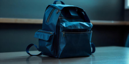 A blue backpack sits prominently on a wooden table in a contemporary office environment, showcasing its pockets and structure in the afternoon light.の素材