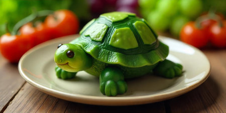 A charming green turtle-shaped dessert rests on a plate in a warm kitchen. Fresh tomatoes and grapes create a colorful background, enhancing the delightful appearance.の素材