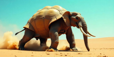 An unusual creature, featuring the body of a tortoise and the head of an elephant, strolls across a sunlit desert. Dust swirls around as it moves gracefully on the golden sand.の素材