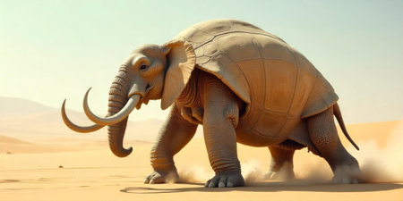 A striking hybrid creature resembling an elephant with a turtle shell strolls across a vast sandy desert. The sunlight creates a warm atmosphere in this unique environment.の素材
