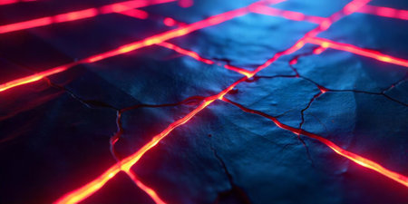 Bright red neon lines intersect sharply on a dark, cracked surface, creating an eye-catching abstract pattern that evokes a futuristic atmosphere.の素材