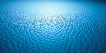 A close-up view reveals a beautifully textured blue leather surface with detailed patterns. The lighting highlights the nuances and depth of the material, creating an artistic effect.の素材