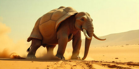 A remarkable creature with features of both an elephant and a turtle is walking in a vast desert. The sun shines brightly as sand kicks up around its feet, creating a surreal atmosphere.の素材