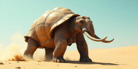 A unique hybrid creature resembling a turtle and an elephant strides across a vast desert. Dust rises around its feet under the bright midday sun, highlighting the surreal environment.の素材