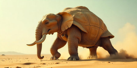 A strange creature resembling an elephant is moving through vast desert terrain under a warm, golden sunset. Dust rises as its large feet make contact with the sand.の素材