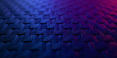 Close-up view of a woven fabric displaying intricate patterns. The surface is illuminated by blue and purple hues, enhancing the texture and depth of the material.の素材