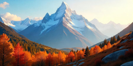 Crisp autumn air surrounds towering mountains adorned with snow, while orange and yellow foliage blankets the valley below, creating a picturesque and tranquil atmosphere.の素材