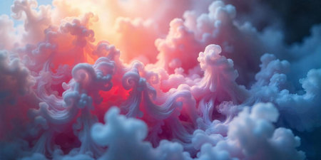 Swirling clouds in vibrant hues of pink and blue dominate the sky during sunset. The ethereal display captivates anyone witnessing this stunning natural phenomenon.の素材