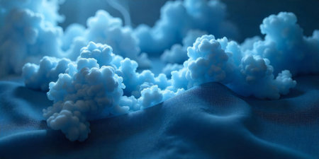 Delicate clusters of soft blue clouds rest on a smooth, textured surface, creating a serene and tranquil atmosphere reminiscent of a dreamy landscape.の素材