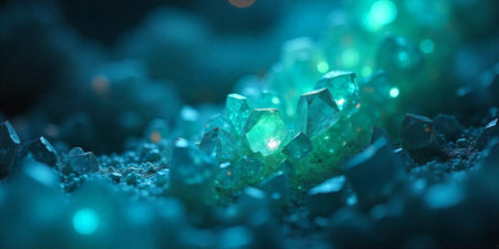 Vibrant blue and green crystals shimmer softly against a dark background, creating a magical ambiance. Light dances across the surfaces, highlighting textures and shapes.の素材