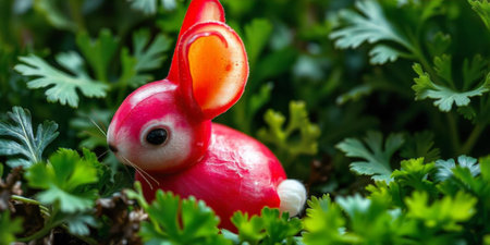 A vibrant rabbit figure crafted from a vegetable sits concealed amidst lush green herbs, creating a playful and whimsical atmosphere in the garden.の素材