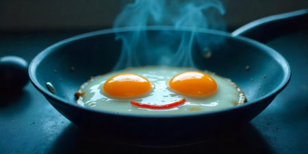Two sunny-side-up eggs with orange yolks are sizzling in a black frying pan, resembling a smiling face. Steam rises from the pan, creating a cheerful breakfast ambiance.の素材