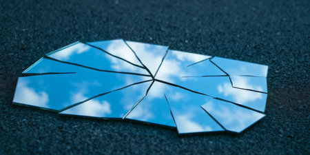 Shattered pieces of a mirror lay scattered on dark asphalt, reflecting the blue sky and fluffy clouds above, creating a striking visual contrast during the day.の素材