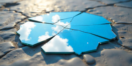 Shattered pieces of a mirror lie on the ground, reflecting a bright blue sky with clouds. The textured surface adds depth to this unexpected display of beauty in nature.の素材