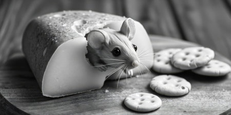 A curious mouse emerges from a wedge of cheese, surrounded by circular cookies on a wooden surface, creating a delightful and playful atmosphere.の素材