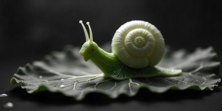 A snail made from vegetables is positioned on a lush green leaf. The unique creation highlights the textures and shapes of both the snail and the leaf, emphasizing their natural beauty.の素材