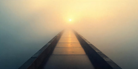 A long, narrow pathway stretches into the fog, guiding the viewer toward a bright sunrise on the horizon. The calm water reflects the soft, golden light, creating a peaceful atmosphere.の素材