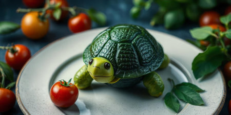 A turtle crafted from vegetables sits on a plate adorned with fresh cherry tomatoes and green herbs. The vibrant colors and playful design showcase artistic culinary skills.の素材