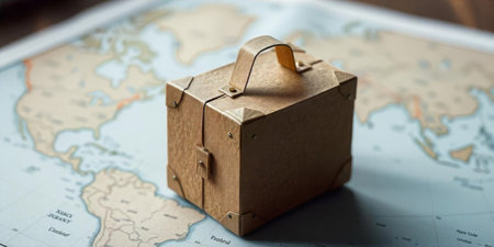 A small suitcase made of cardboard sits on a detailed world map, symbolizing the spirit of travel and exploration. The scene evokes a sense of adventure and discovery.の素材