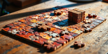 A collection of colorful puzzle pieces is arranged on a rustic wooden table, illuminated by warm afternoon sunlight. The scene captures the intricate details and textures of the pieces.の素材