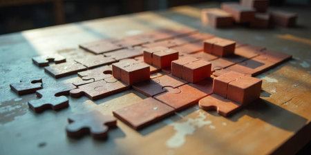 Various puzzle pieces are creatively scattered across a weathered wooden table, illuminated by soft afternoon sunlight streaming through a window, creating a warm atmosphere.の素材