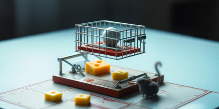 A tabletop game is arranged with a small mouse and cheese pieces surrounded by a metal trap structure. Friends enjoy a fun gathering filled with laughter and competition.の素材