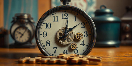 An antique clock with visible gears sits on a wooden table near scattered wooden puzzle pieces. The warm light of late afternoon creates a cozy atmosphere in the workspace.の素材