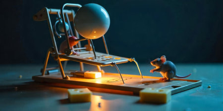A whimsical mouse trap is set up, showcasing a ball poised above cheese blocks. The playful design creates an engaging environment, enhancing the overall composition and lighting.の素材
