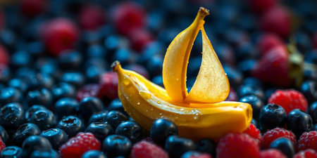Bananas are shaped like a small boat surrounded by a colorful array of blueberries and raspberries, creating an artistic and playful food display. The dark background highlights the vibrant colors.の素材